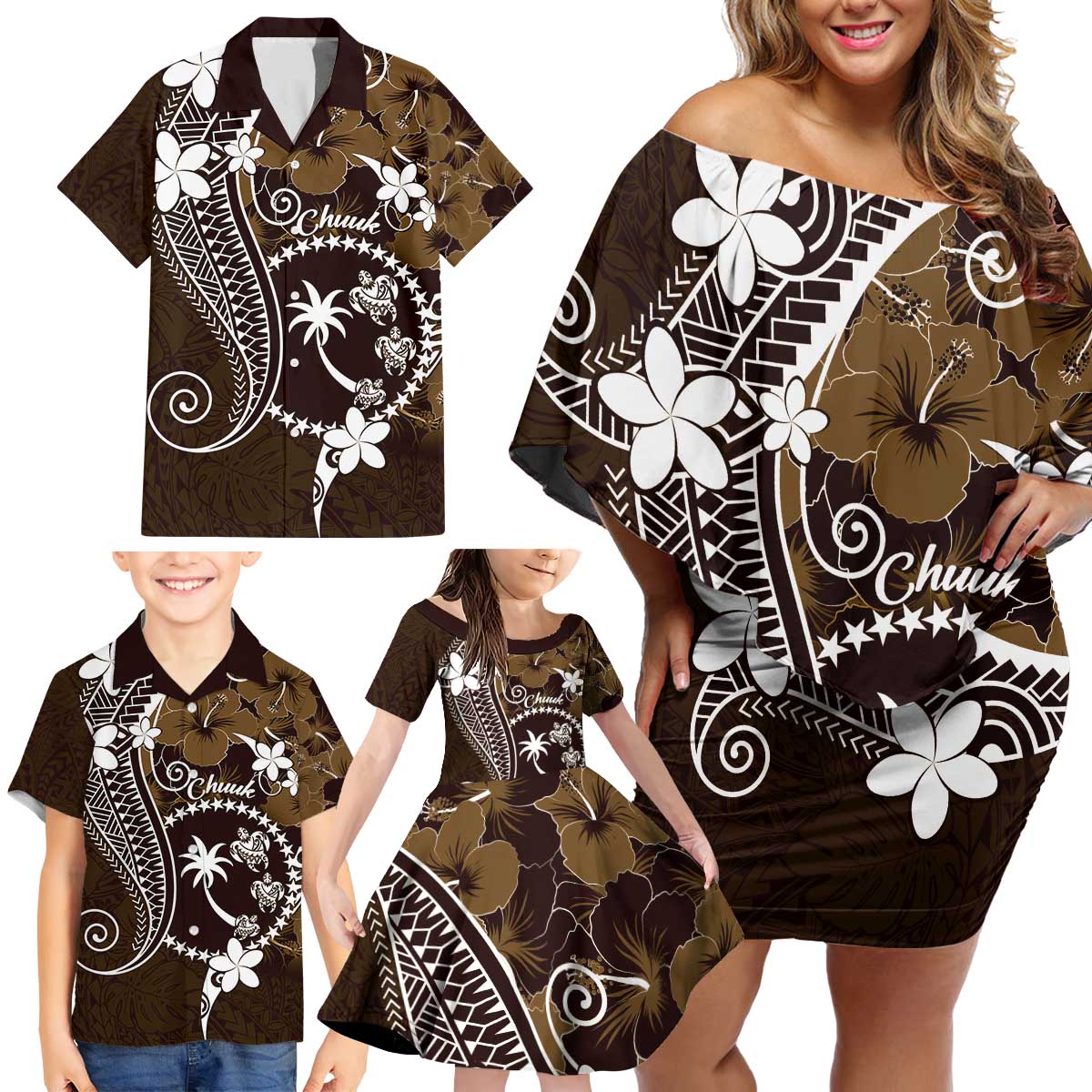FSM Chuuk Family Matching Off Shoulder Short Dress and Hawaiian Shirt Turtle Tropical Flowers Polynesian - Brown LT14 - Polynesian Pride