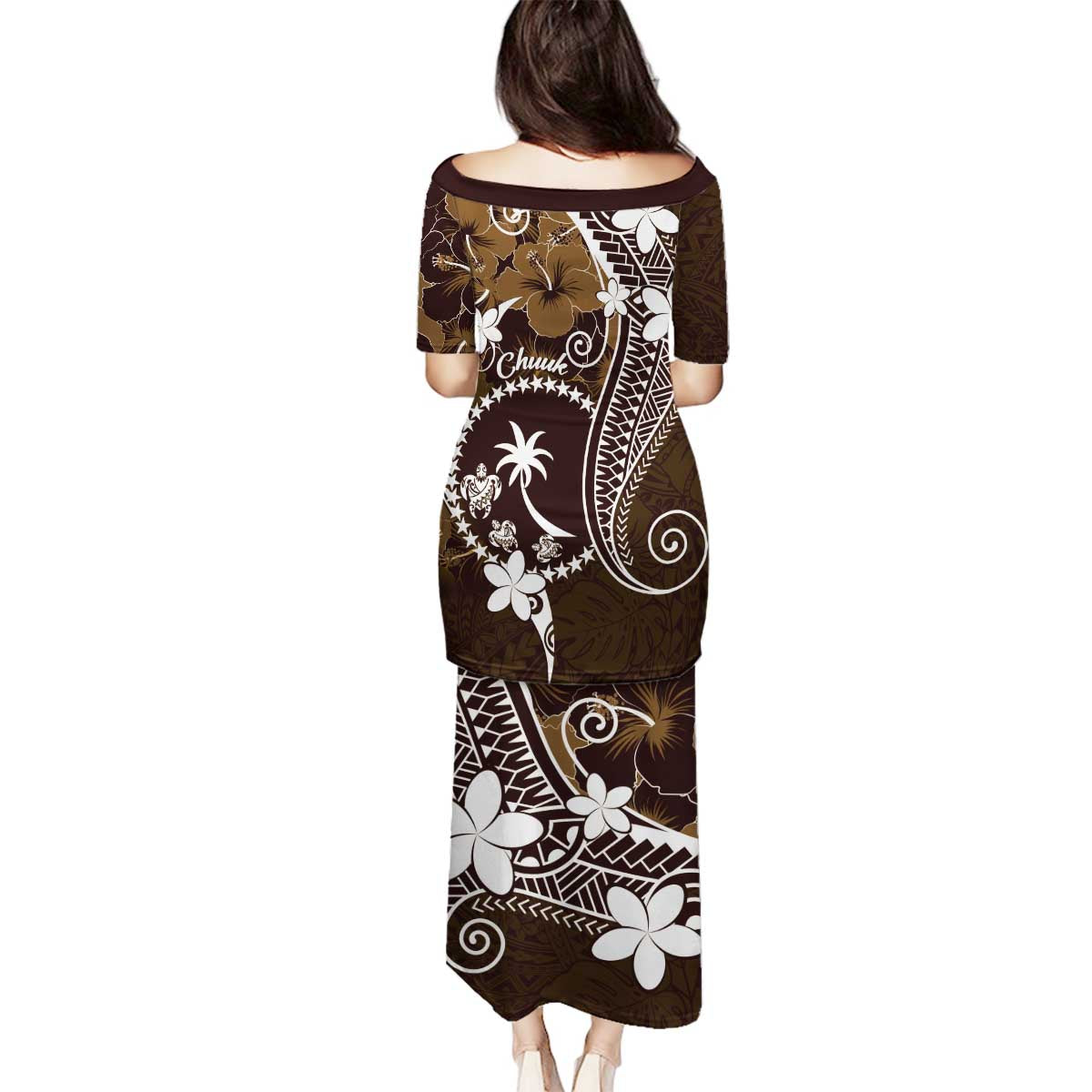 FSM Chuuk Family Matching Puletasi and Hawaiian Shirt Turtle Tropical Flowers Polynesian - Brown
