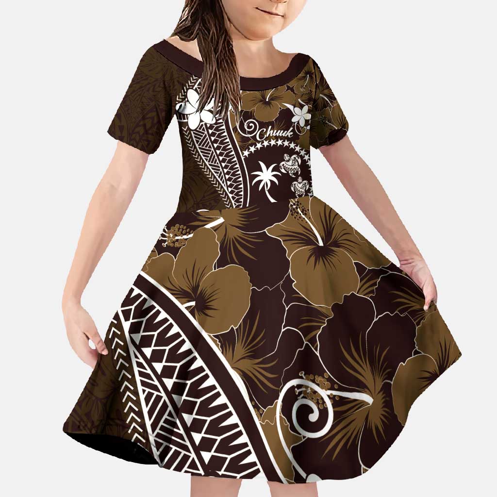FSM Chuuk Family Matching Short Sleeve Bodycon Dress and Hawaiian Shirt Turtle Tropical Flowers Polynesian - Brown LT14 Daughter's Dress Brown - Polynesian Pride