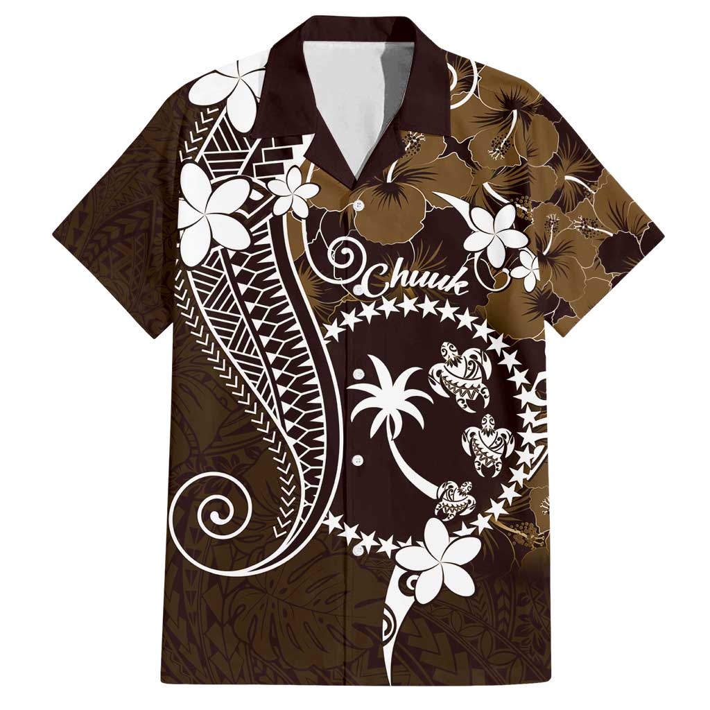 FSM Chuuk Family Matching Summer Maxi Dress and Hawaiian Shirt Turtle Tropical Flowers Polynesian - Brown LT14 Dad's Shirt - Short Sleeve Brown - Polynesian Pride