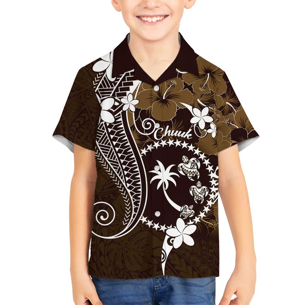 FSM Chuuk Family Matching Summer Maxi Dress and Hawaiian Shirt Turtle Tropical Flowers Polynesian - Brown LT14 Son's Shirt Brown - Polynesian Pride