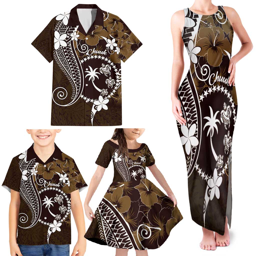 FSM Chuuk Family Matching Tank Maxi Dress and Hawaiian Shirt Turtle Tropical Flowers Polynesian - Brown LT14 - Polynesian Pride