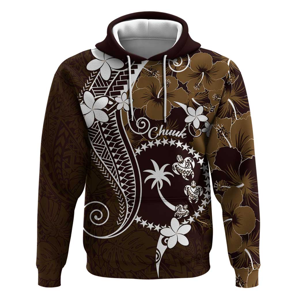 FSM Chuuk Hoodie Turtle Tropical Flowers Polynesian - Brown LT14 Pullover Hoodie Brown - Polynesian Pride