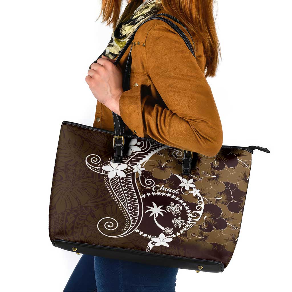 FSM Chuuk Leather Tote Bag Turtle Tropical Flowers Polynesian - Brown LT14 Brown - Polynesian Pride