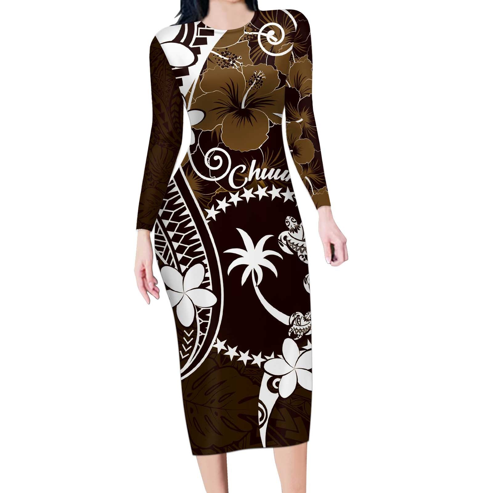 FSM Chuuk Long Sleeve Bodycon Dress Turtle Tropical Flowers Polynesian - Brown LT14 Long Dress Brown - Polynesian Pride