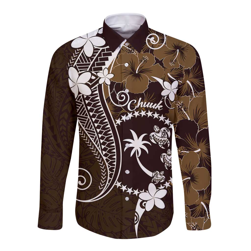 FSM Chuuk Long Sleeve Button Shirt Turtle Tropical Flowers Polynesian - Brown LT14 Unisex Brown - Polynesian Pride