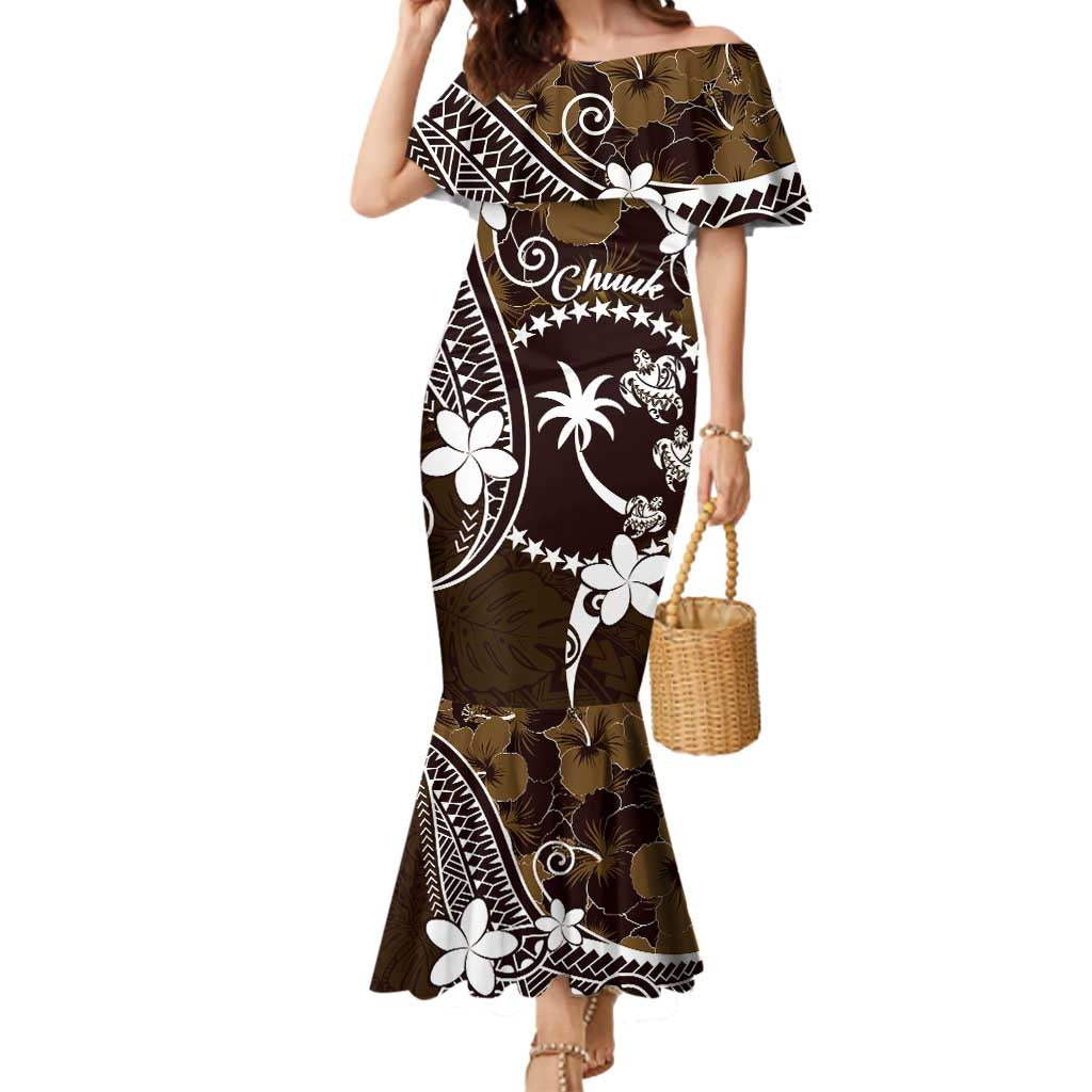 FSM Chuuk Mermaid Dress Turtle Tropical Flowers Polynesian - Brown LT14 Women Brown - Polynesian Pride
