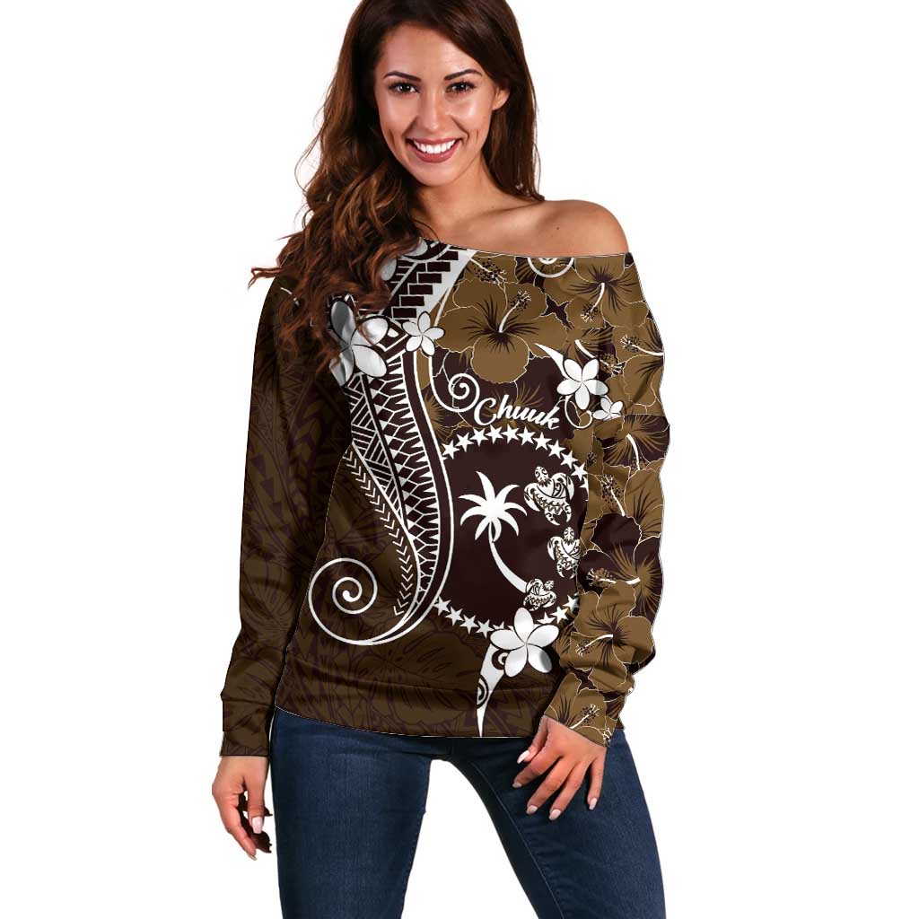 FSM Chuuk Off Shoulder Sweater Turtle Tropical Flowers Polynesian - Brown LT14 Women Brown - Polynesian Pride