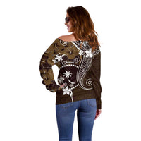 FSM Chuuk Off Shoulder Sweater Turtle Tropical Flowers Polynesian - Brown