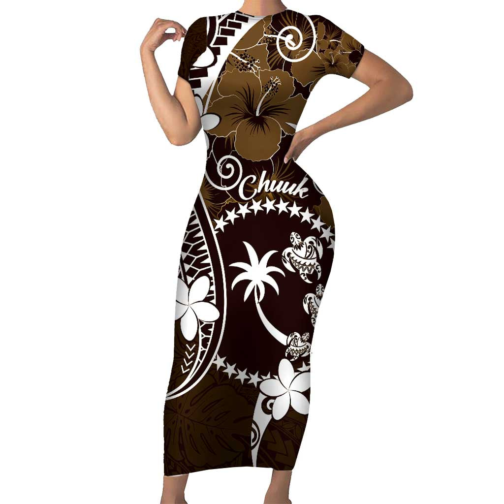 FSM Chuuk Short Sleeve Bodycon Dress Turtle Tropical Flowers Polynesian - Brown LT14 Long Dress Brown - Polynesian Pride