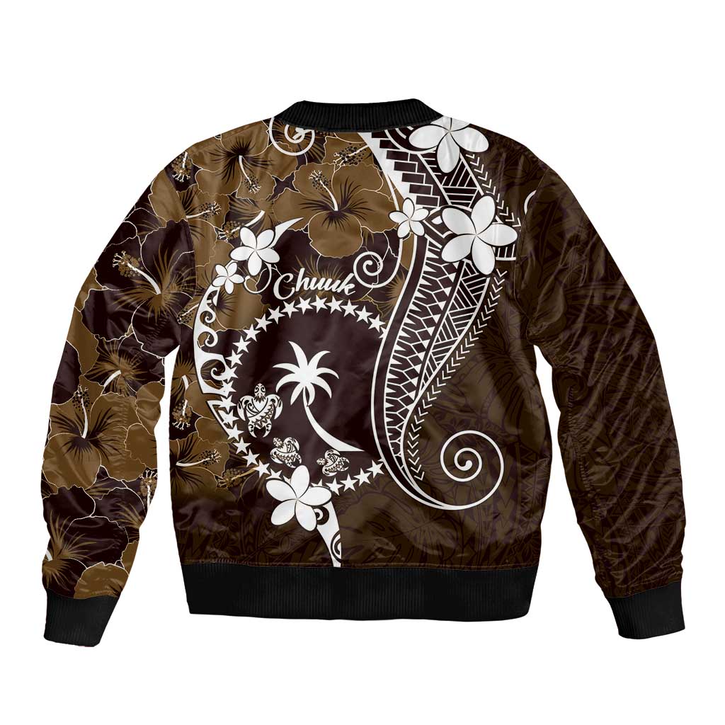 FSM Chuuk Sleeve Zip Bomber Jacket Turtle Tropical Flowers Polynesian - Brown LT14 - Polynesian Pride