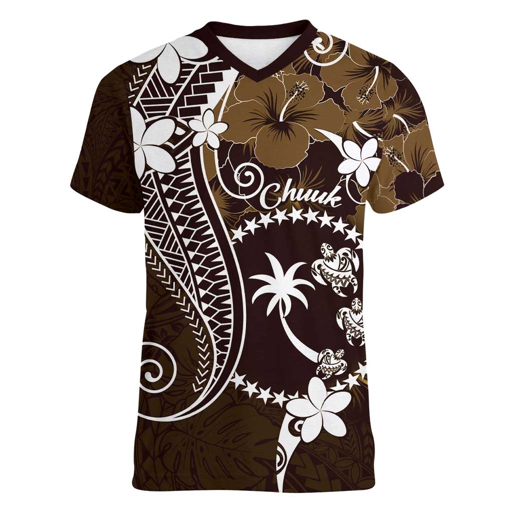 FSM Chuuk Women V-Neck T-Shirt Turtle Tropical Flowers Polynesian - Brown LT14 Female Brown - Polynesian Pride