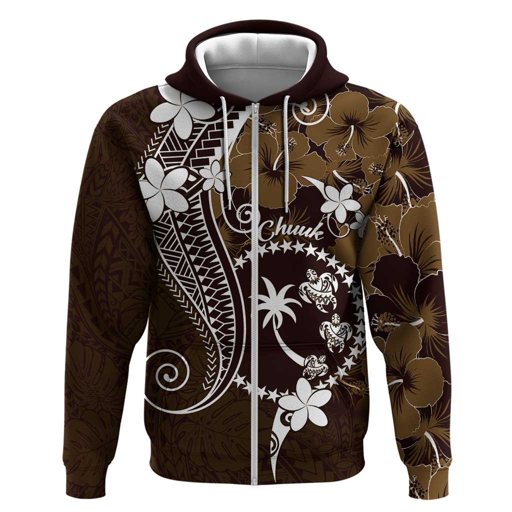 FSM Chuuk Zip Hoodie Turtle Tropical Flowers Polynesian - Brown LT14 Zip Hoodie Brown - Polynesian Pride