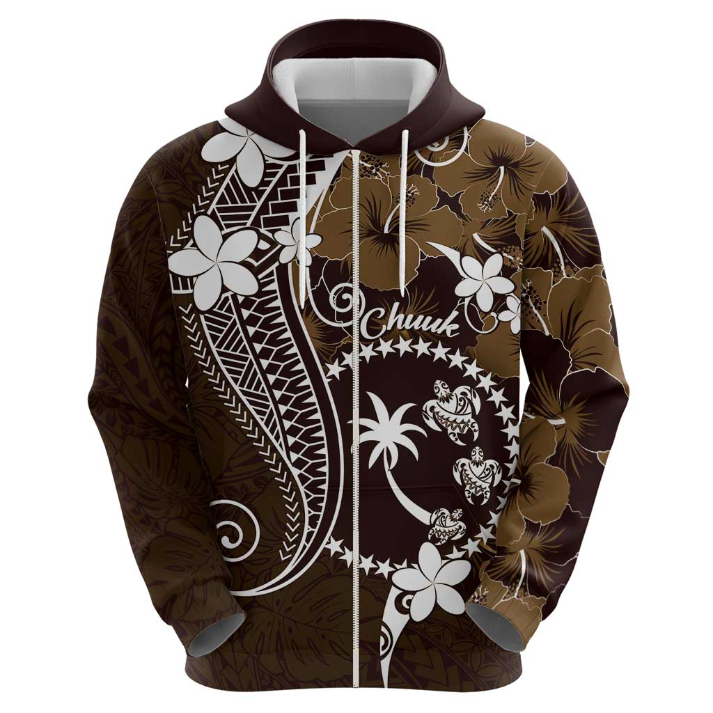 FSM Chuuk Zip Hoodie Turtle Tropical Flowers Polynesian - Brown LT14 - Polynesian Pride