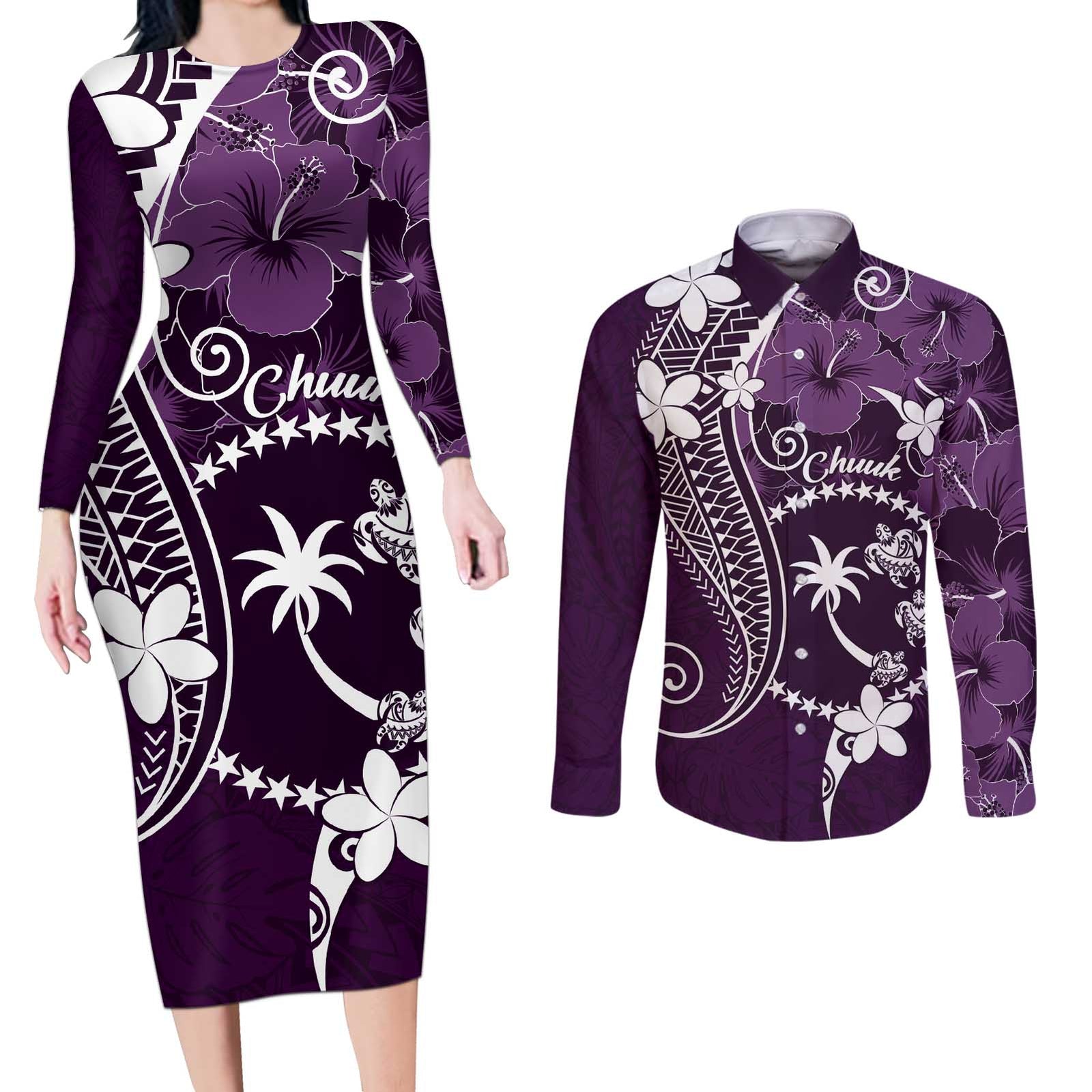 FSM Chuuk Couples Matching Long Sleeve Bodycon Dress and Long Sleeve Button Shirt Turtle Tropical Flowers Polynesian - Purple LT14 Purple - Polynesian Pride