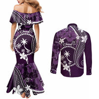 FSM Chuuk Couples Matching Mermaid Dress and Long Sleeve Button Shirt Turtle Tropical Flowers Polynesian - Purple