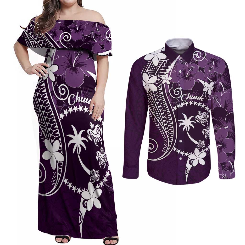 FSM Chuuk Couples Matching Off Shoulder Maxi Dress and Long Sleeve Button Shirt Turtle Tropical Flowers Polynesian - Purple LT14 Purple - Polynesian Pride