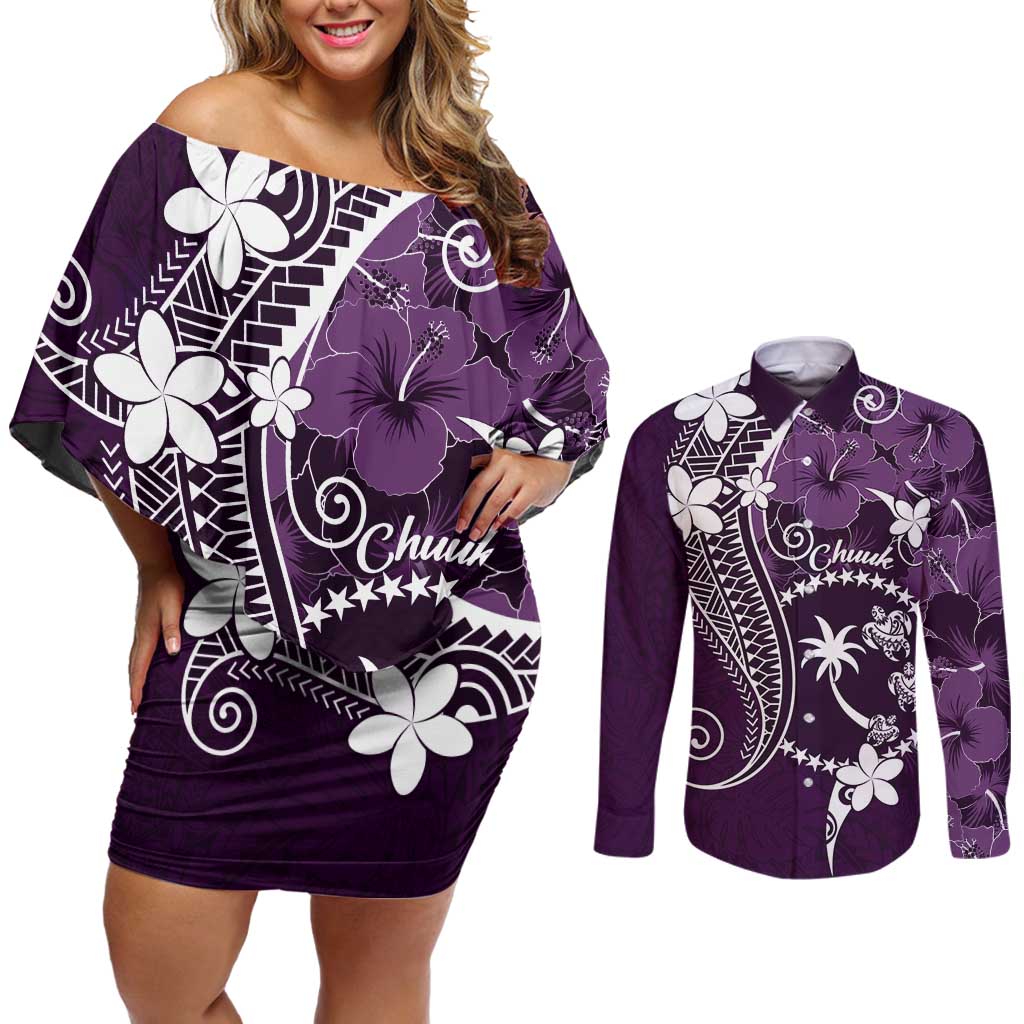 FSM Chuuk Couples Matching Off Shoulder Short Dress and Long Sleeve Button Shirt Turtle Tropical Flowers Polynesian - Purple LT14 Purple - Polynesian Pride