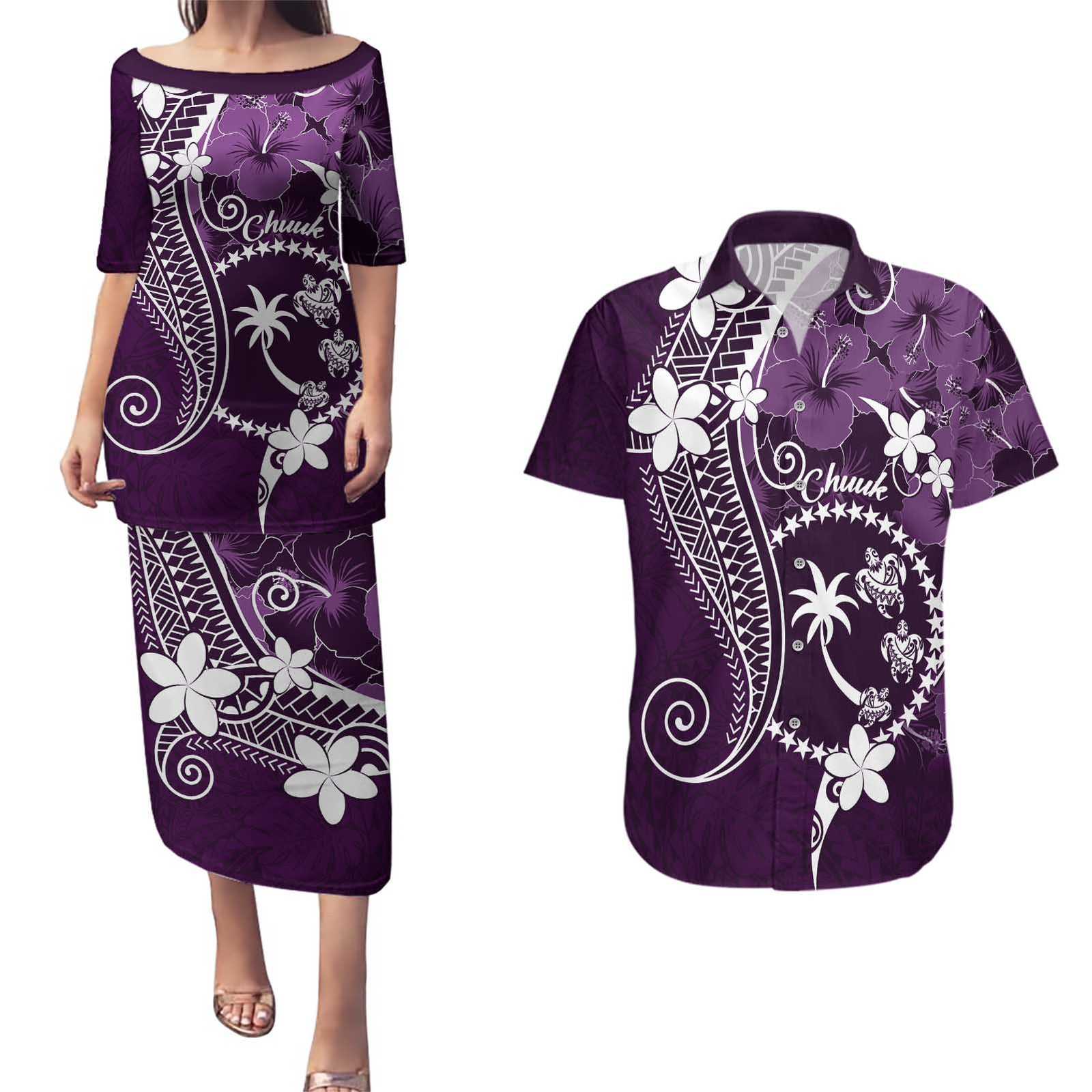 FSM Chuuk Couples Matching Puletasi and Hawaiian Shirt Turtle Tropical Flowers Polynesian - Purple LT14 Purple - Polynesian Pride
