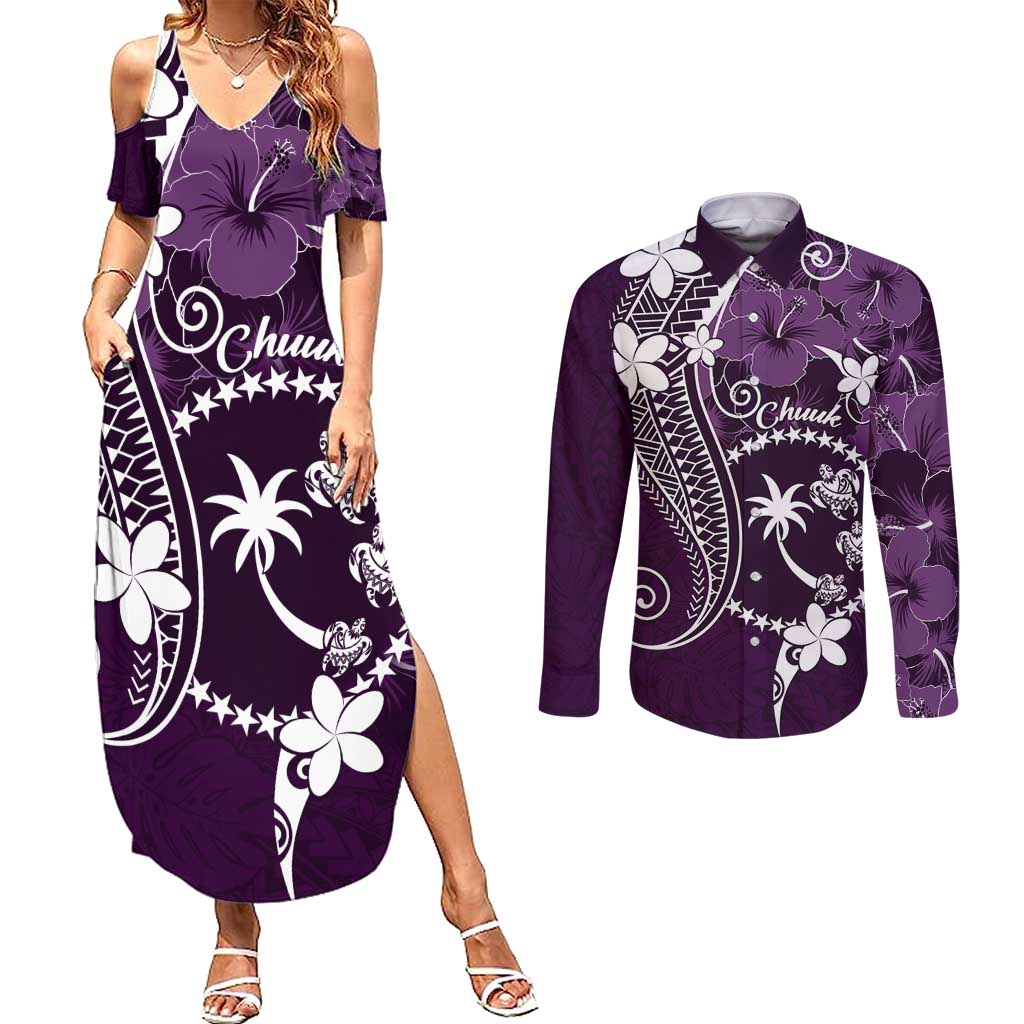 FSM Chuuk Couples Matching Summer Maxi Dress and Long Sleeve Button Shirt Turtle Tropical Flowers Polynesian - Purple LT14 Purple - Polynesian Pride