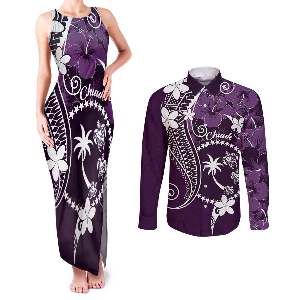 FSM Chuuk Couples Matching Tank Maxi Dress and Long Sleeve Button Shirt Turtle Tropical Flowers Polynesian - Purple LT14 Purple - Polynesian Pride