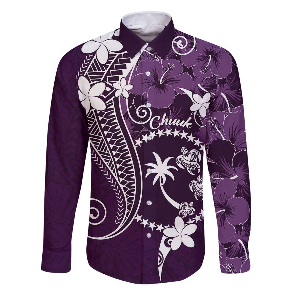 FSM Chuuk Family Matching Mermaid Dress and Hawaiian Shirt Turtle Tropical Flowers Polynesian - Purple LT14 Dad's Shirt - Long Sleeve Purple - Polynesian Pride