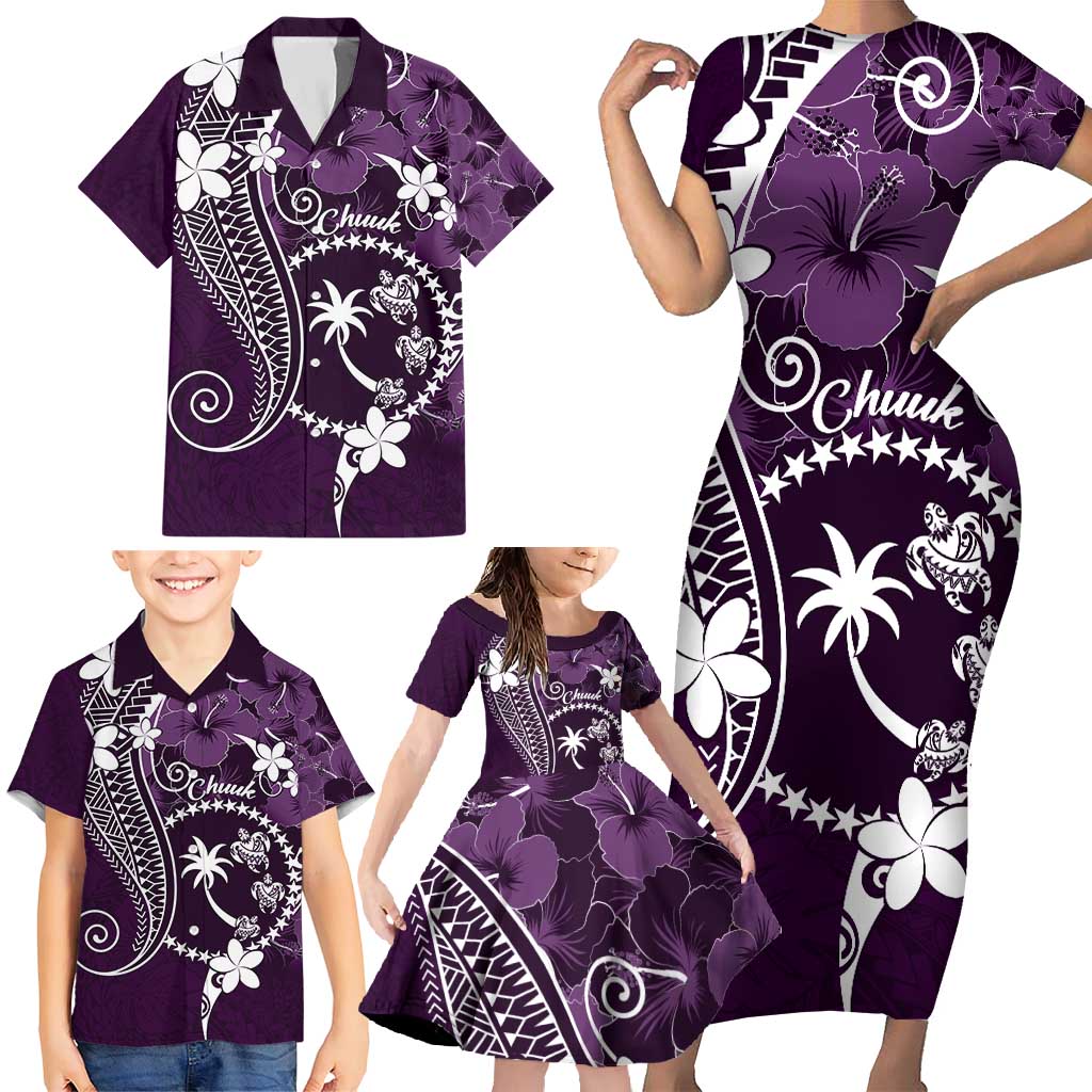 FSM Chuuk Family Matching Short Sleeve Bodycon Dress and Hawaiian Shirt Turtle Tropical Flowers Polynesian - Purple LT14 - Polynesian Pride