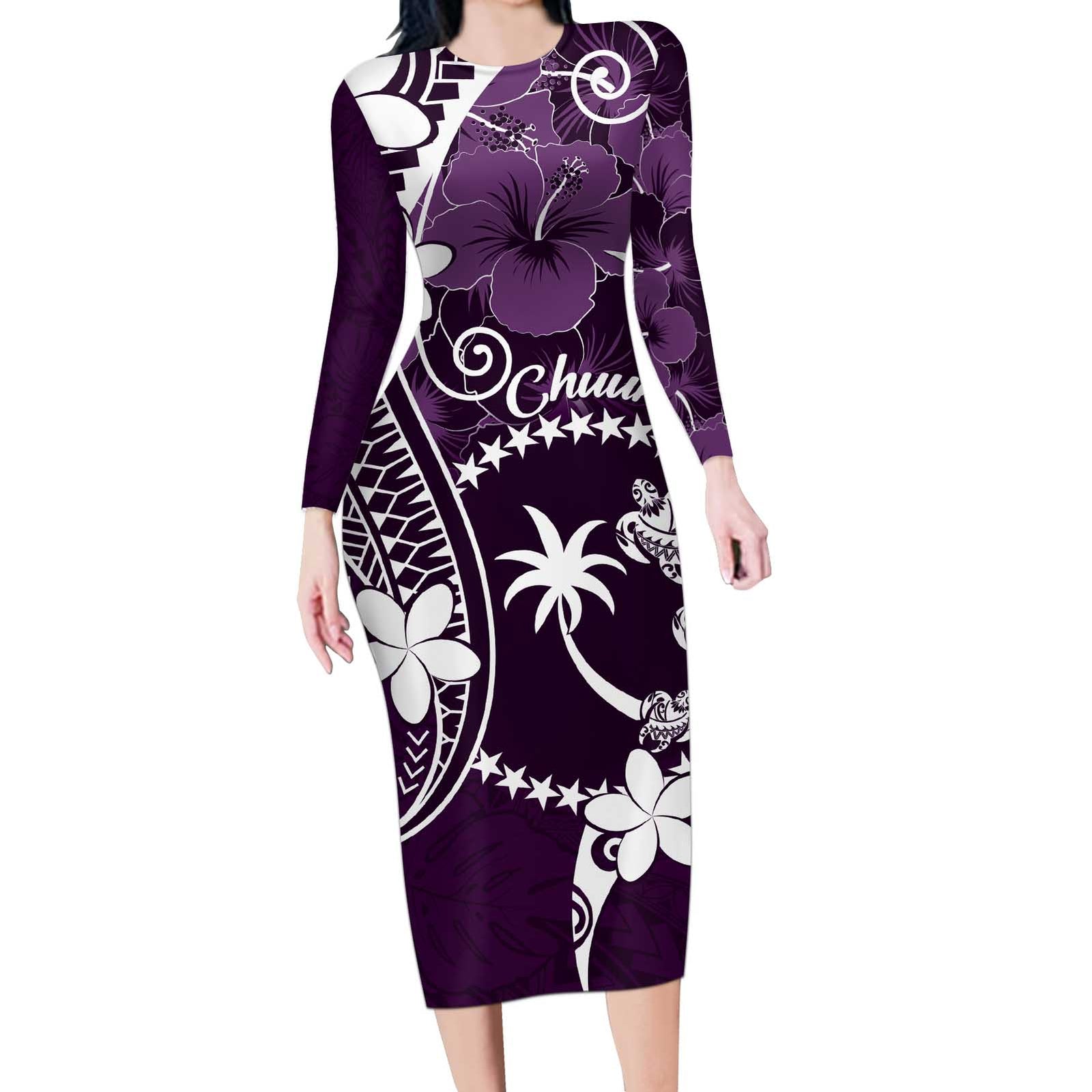 FSM Chuuk Long Sleeve Bodycon Dress Turtle Tropical Flowers Polynesian - Purple LT14 Long Dress Purple - Polynesian Pride