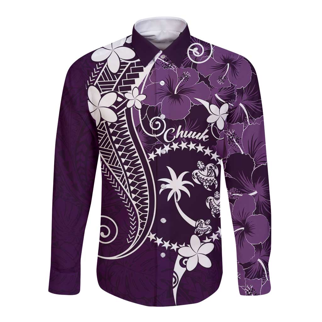 FSM Chuuk Long Sleeve Button Shirt Turtle Tropical Flowers Polynesian - Purple LT14 Unisex Purple - Polynesian Pride