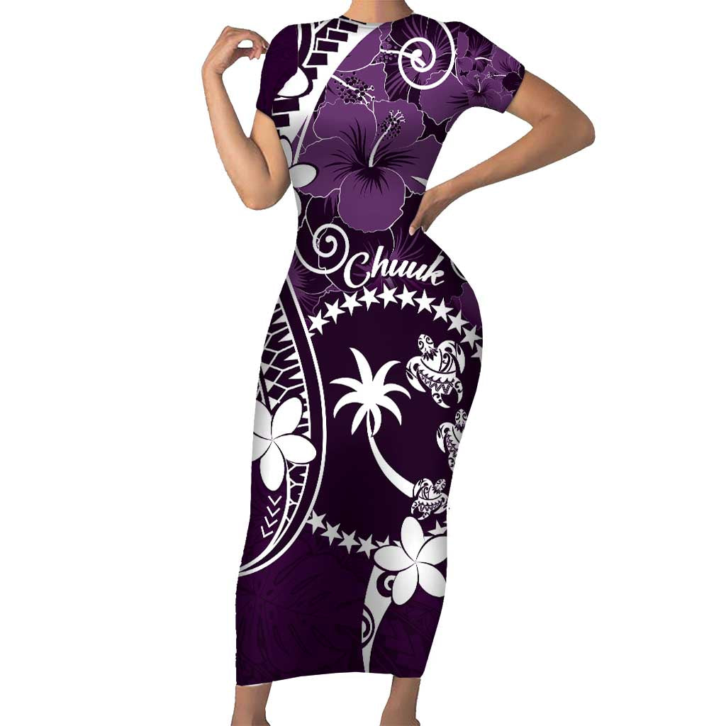 FSM Chuuk Short Sleeve Bodycon Dress Turtle Tropical Flowers Polynesian - Purple LT14 Long Dress Purple - Polynesian Pride