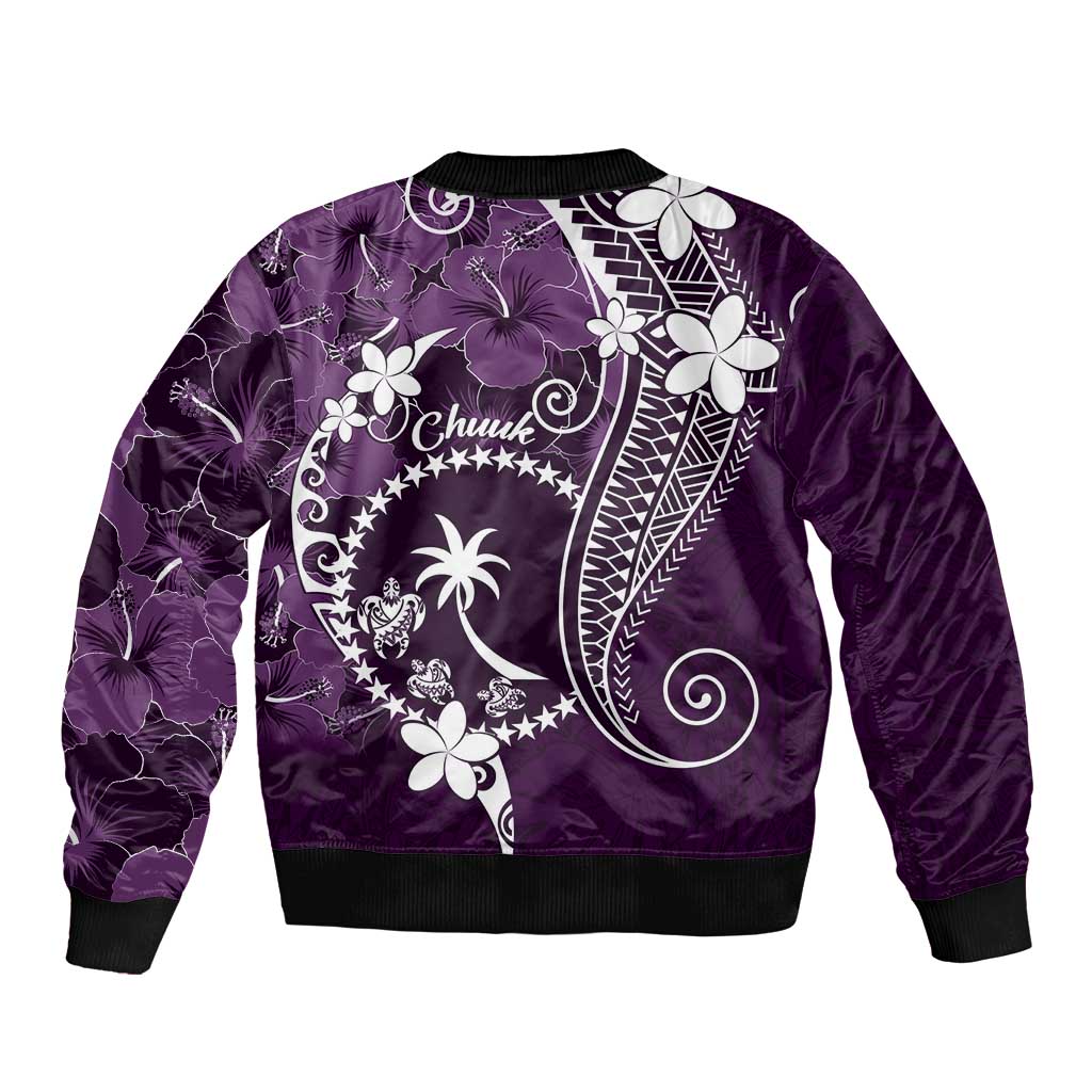 FSM Chuuk Sleeve Zip Bomber Jacket Turtle Tropical Flowers Polynesian - Purple LT14 - Polynesian Pride