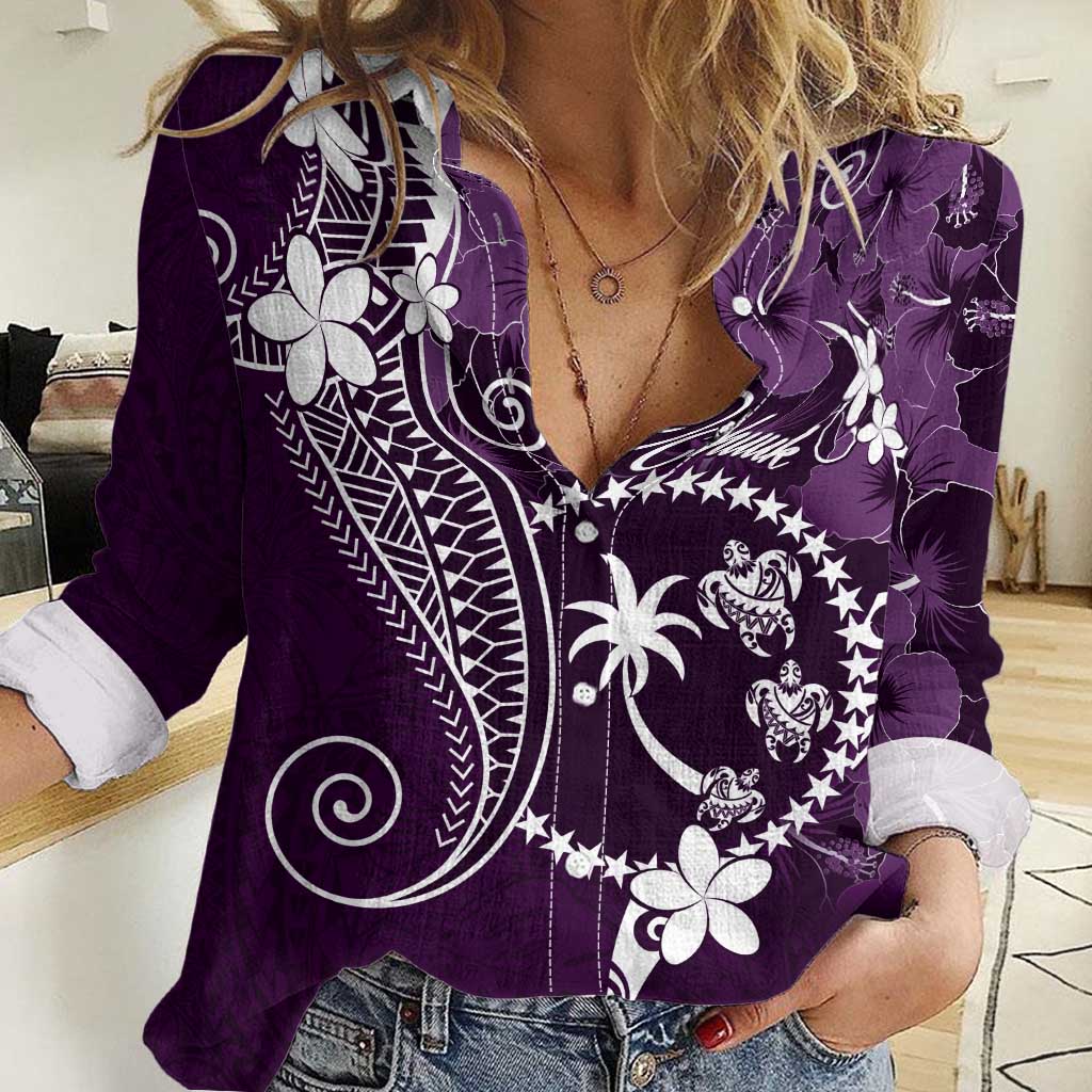 FSM Chuuk Women Casual Shirt Turtle Tropical Flowers Polynesian - Purple LT14 Female Purple - Polynesian Pride