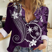 FSM Chuuk Women Casual Shirt Turtle Tropical Flowers Polynesian - Purple