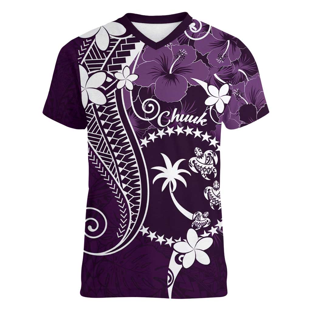 FSM Chuuk Women V-Neck T-Shirt Turtle Tropical Flowers Polynesian - Purple LT14 Female Purple - Polynesian Pride