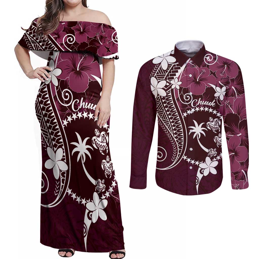 FSM Chuuk Couples Matching Off Shoulder Maxi Dress and Long Sleeve Button Shirt Turtle Tropical Flowers Polynesian - Pink LT14 Pink - Polynesian Pride