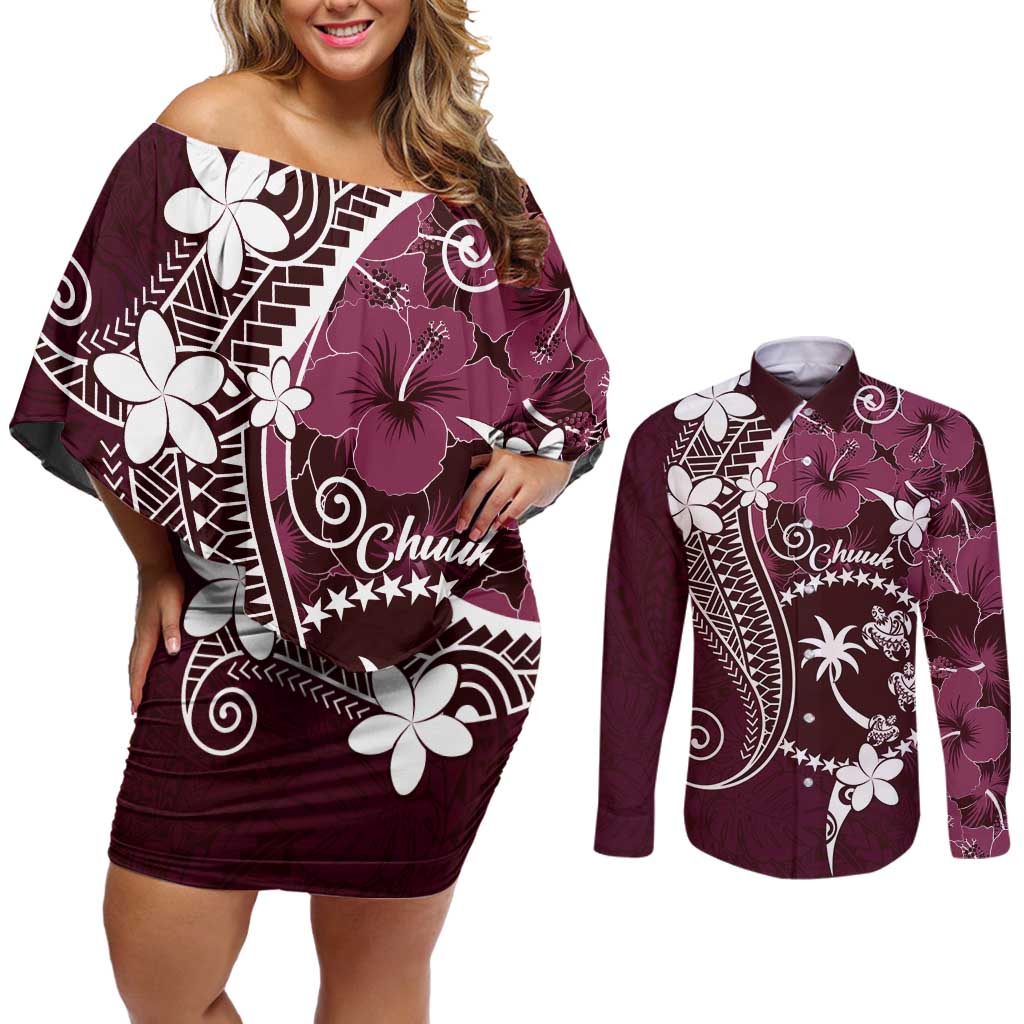 FSM Chuuk Couples Matching Off Shoulder Short Dress and Long Sleeve Button Shirt Turtle Tropical Flowers Polynesian - Pink LT14 Pink - Polynesian Pride