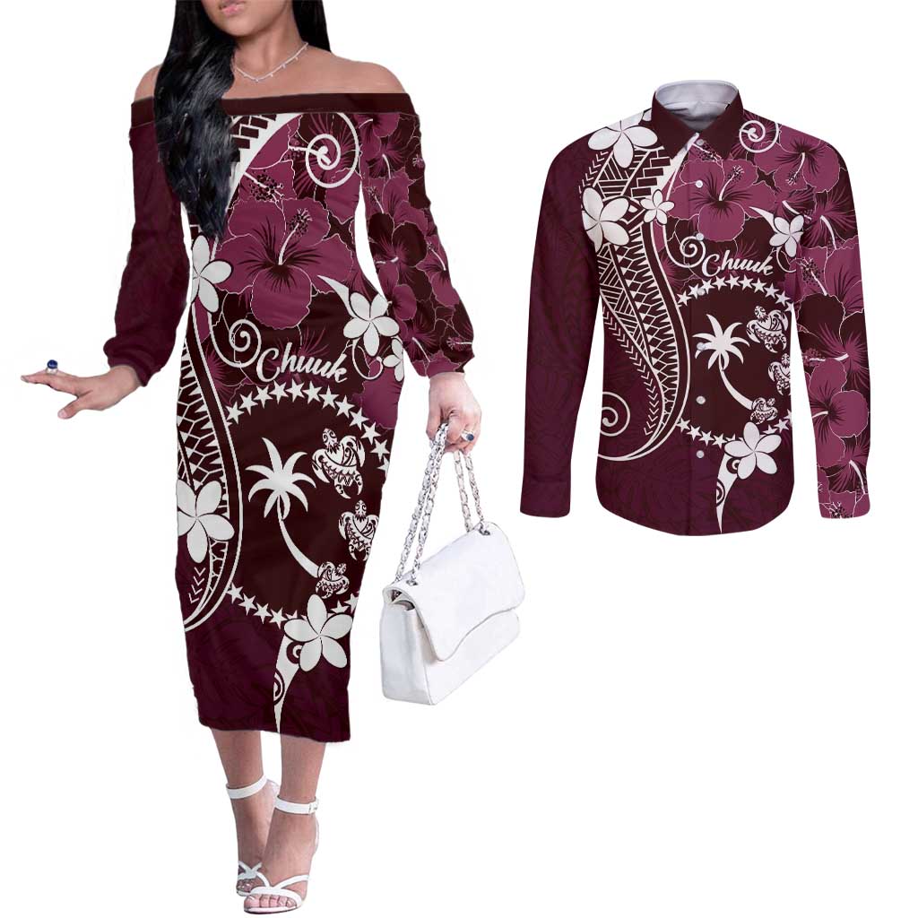 FSM Chuuk Couples Matching Off The Shoulder Long Sleeve Dress and Long Sleeve Button Shirt Turtle Tropical Flowers Polynesian - Pink LT14 Pink - Polynesian Pride
