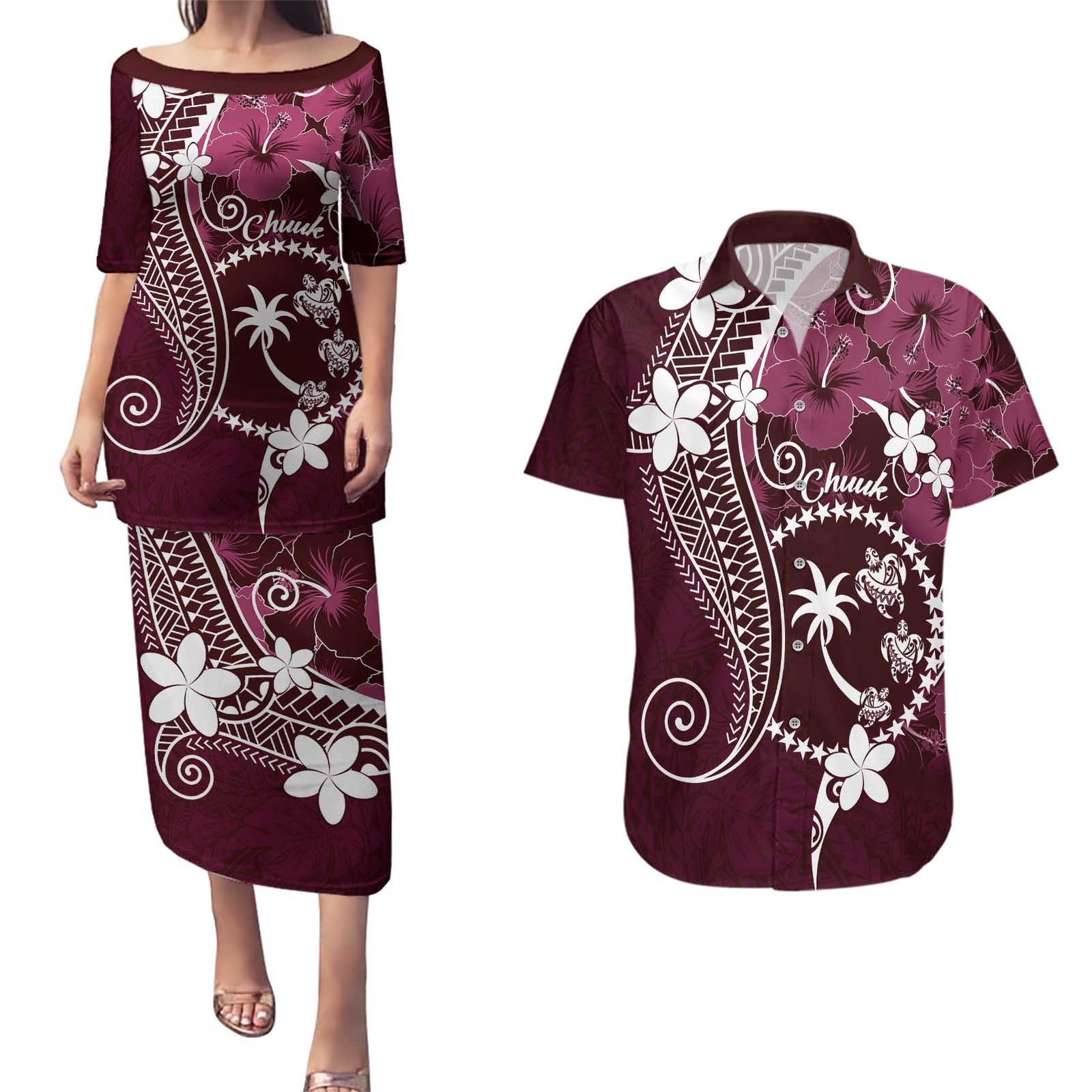 FSM Chuuk Couples Matching Puletasi and Hawaiian Shirt Turtle Tropical Flowers Polynesian - Pink LT14 Pink - Polynesian Pride