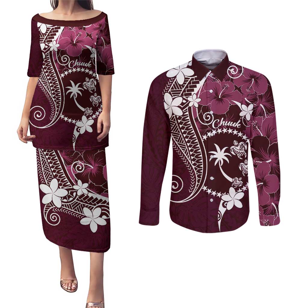 FSM Chuuk Couples Matching Puletasi and Long Sleeve Button Shirt Turtle Tropical Flowers Polynesian - Pink LT14 Pink - Polynesian Pride