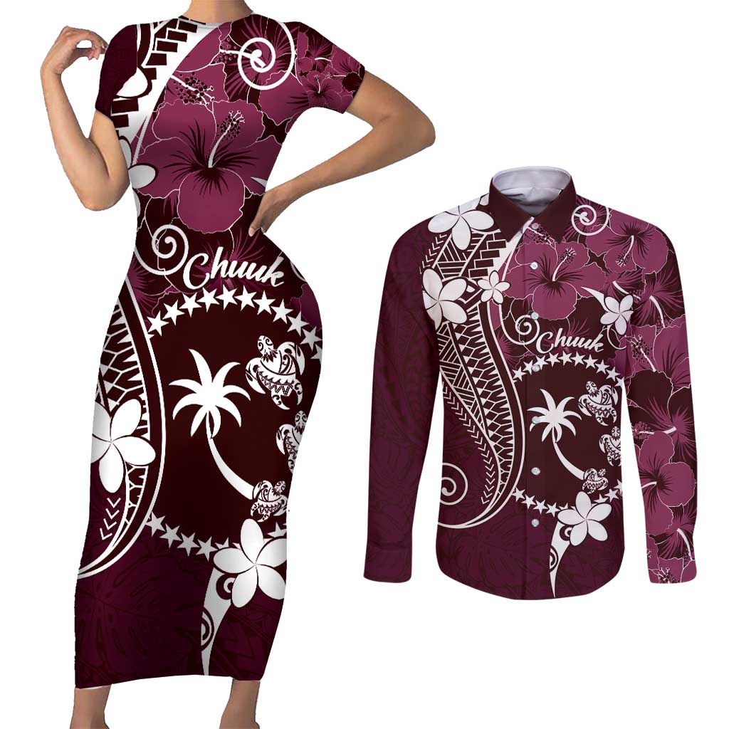 FSM Chuuk Couples Matching Short Sleeve Bodycon Dress and Long Sleeve Button Shirt Turtle Tropical Flowers Polynesian - Pink LT14 Pink - Polynesian Pride