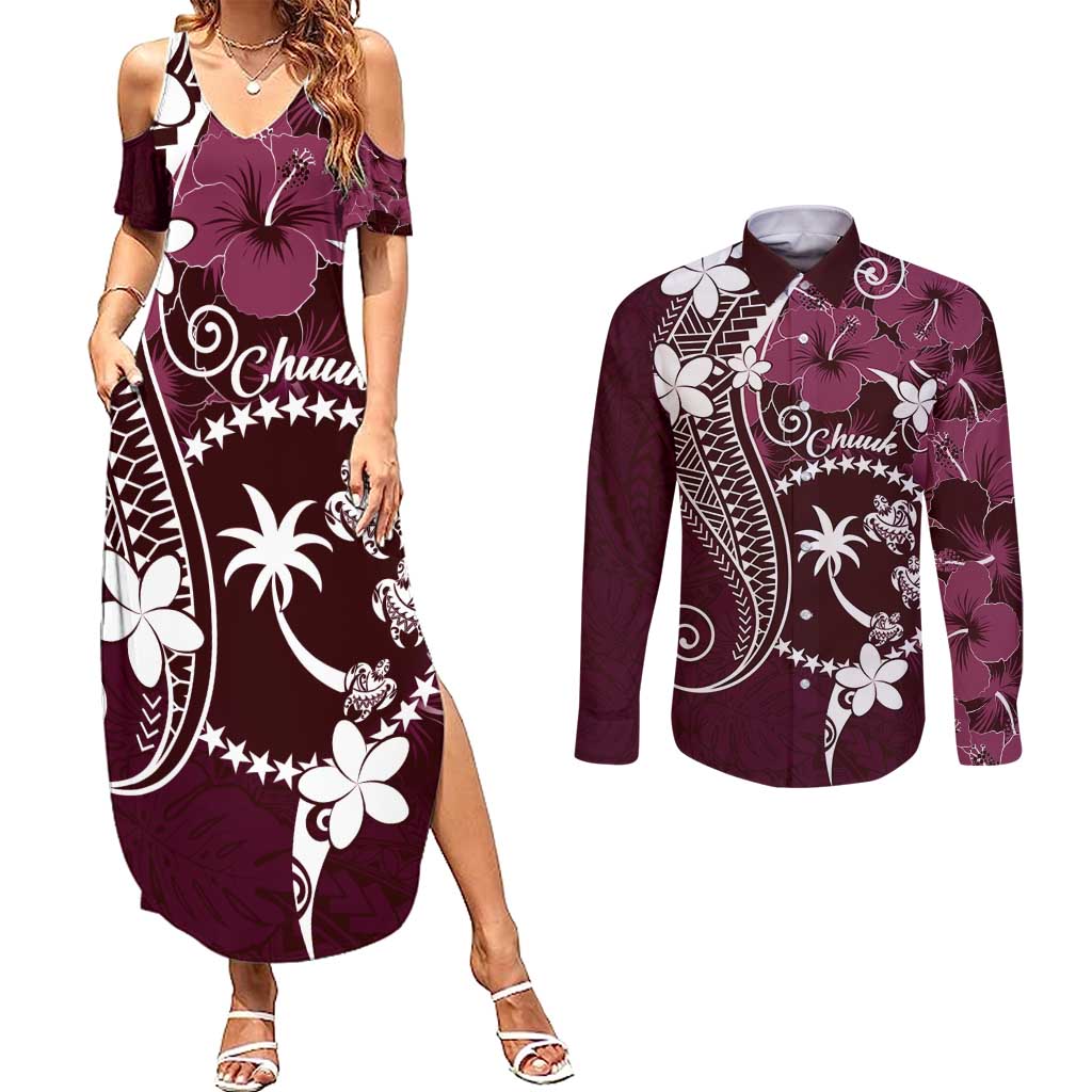 FSM Chuuk Couples Matching Summer Maxi Dress and Long Sleeve Button Shirt Turtle Tropical Flowers Polynesian - Pink LT14 Pink - Polynesian Pride