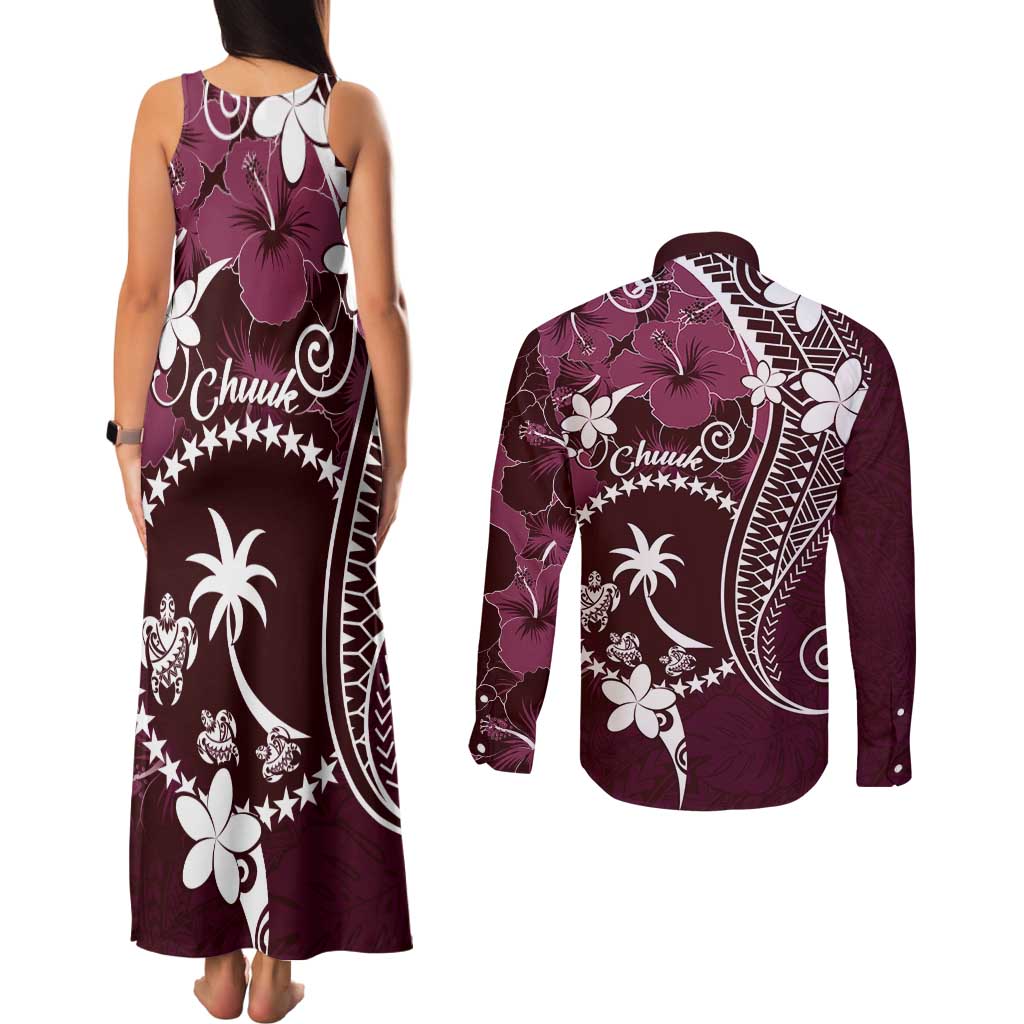 FSM Chuuk Couples Matching Tank Maxi Dress and Long Sleeve Button Shirt Turtle Tropical Flowers Polynesian - Pink