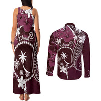 FSM Chuuk Couples Matching Tank Maxi Dress and Long Sleeve Button Shirt Turtle Tropical Flowers Polynesian - Pink