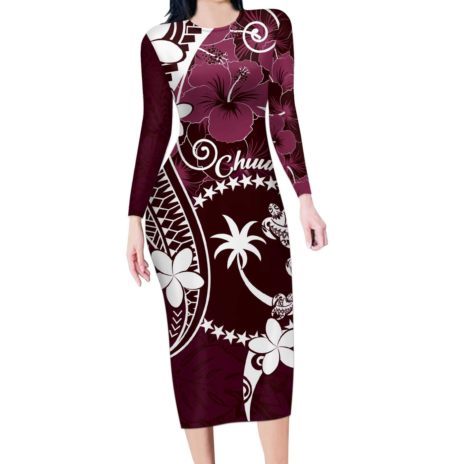 FSM Chuuk Long Sleeve Bodycon Dress Turtle Tropical Flowers Polynesian - Pink LT14 Long Dress Pink - Polynesian Pride