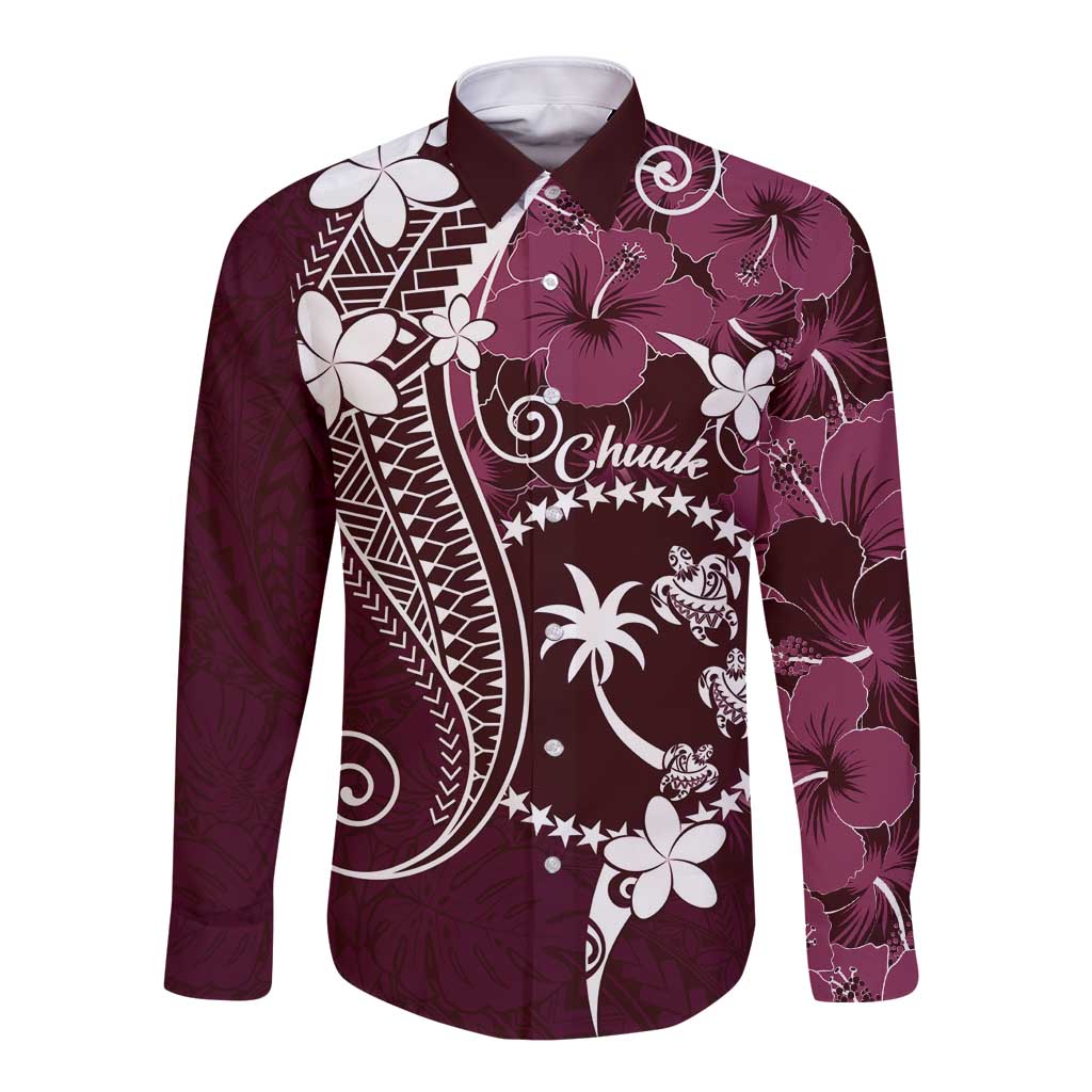 FSM Chuuk Long Sleeve Button Shirt Turtle Tropical Flowers Polynesian - Pink LT14 Unisex Pink - Polynesian Pride