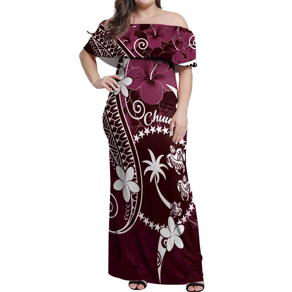 FSM Chuuk Off Shoulder Maxi Dress Turtle Tropical Flowers Polynesian - Pink LT14 Women Pink - Polynesian Pride