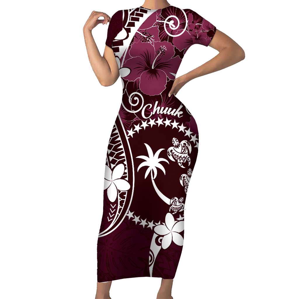 FSM Chuuk Short Sleeve Bodycon Dress Turtle Tropical Flowers Polynesian - Pink LT14 Long Dress Pink - Polynesian Pride