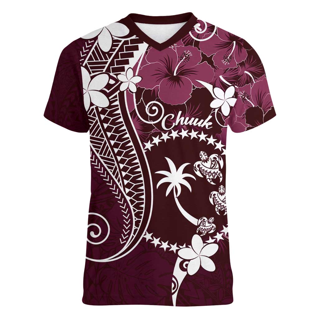 FSM Chuuk Women V-Neck T-Shirt Turtle Tropical Flowers Polynesian - Pink LT14 Female Pink - Polynesian Pride