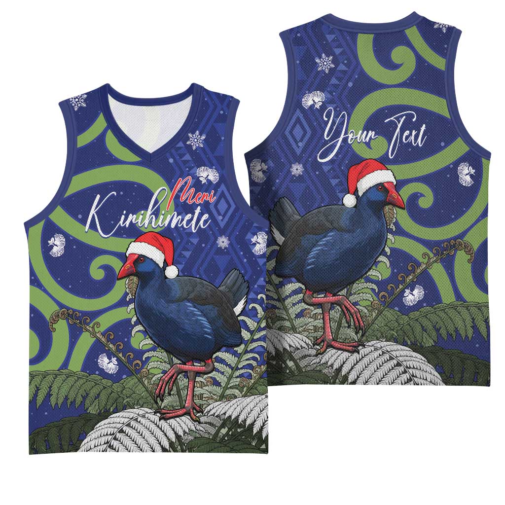 Personalized New Zealand Pukeko Christmas Basketball Jersey Meri Kirihimete Taniko Ponga Koru Blue - Polynesian Pride