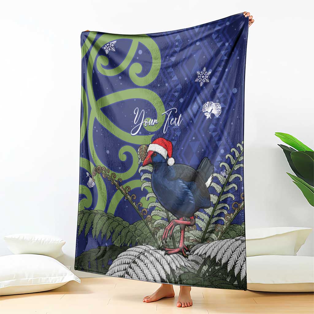 Personalized New Zealand Pukeko Christmas Blanket Meri Kirihimete Taniko Ponga Koru Blue - Polynesian Pride